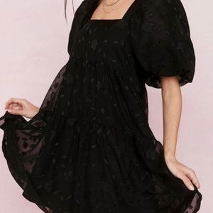 Jacquard Square Neck Puff Sleeve Mini Dress